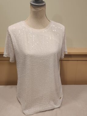 Anne Klein White Sequin Short-Sleeve Top Large